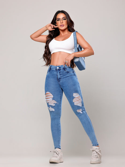 Calça Jeans Feminina Rasgado Claro Cintura Alta Divine super Comfort.