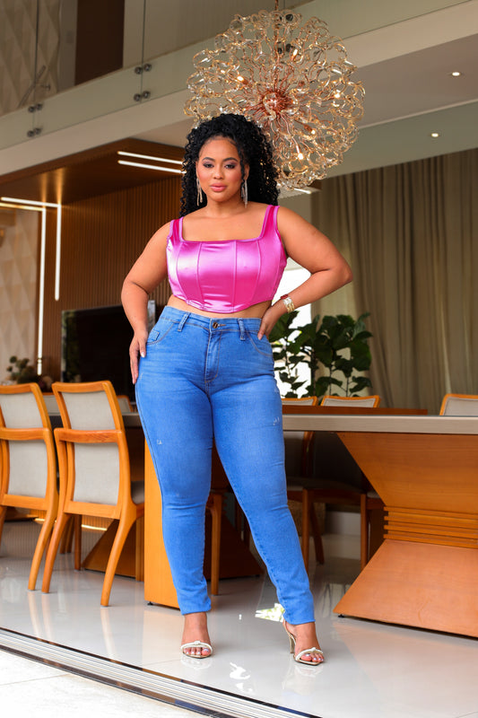 Calça Jeans Detalhe Risque Skinny Plus Size - Divine Jeans