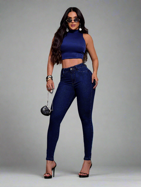 Calça Jeans Azul Escuro Cintura Alta Divine Jeans para Jovem.